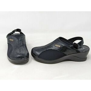 FLY FLOT SANDALS BLACK LEATHER SNAKESKIN BACK STRAP WOMENS SIZE US 6.5 EU 38